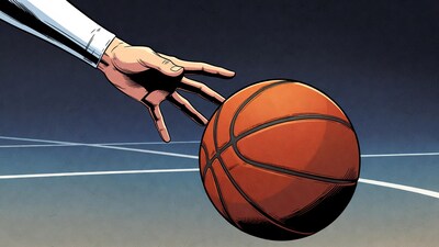 Hand dribbling basketball on court