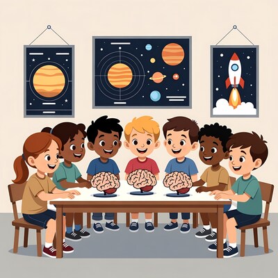 Diverse kids examining brains at table