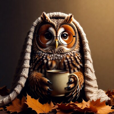 Owl in scarf holding mug with leaves