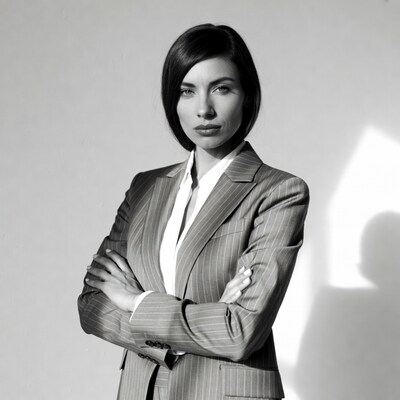 Woman in pinstripe suit with arms crossed