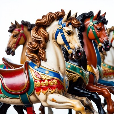 Colorful Carousel Horses on White Background