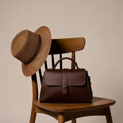 Straw hat and brown leather bag on chair