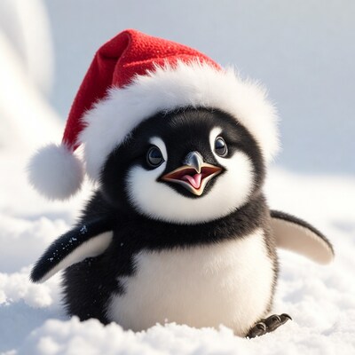 Baby penguin wearing Santa hat