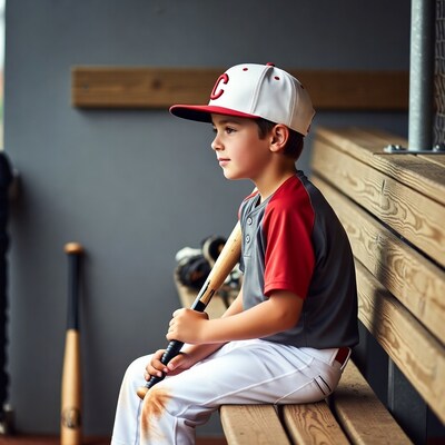 Boy holding baseball bat on bench