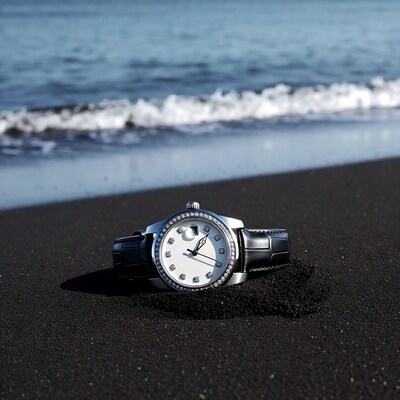 Luxury watch on black sand beach