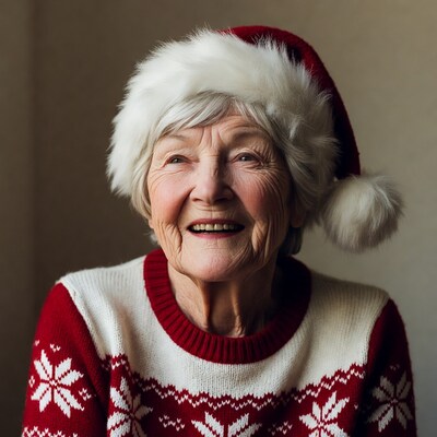 Elderly woman smiling in Santa hat