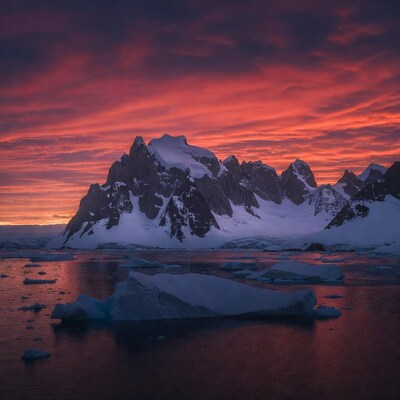 Red Sunset Over Snowy Antarctic Mountains
