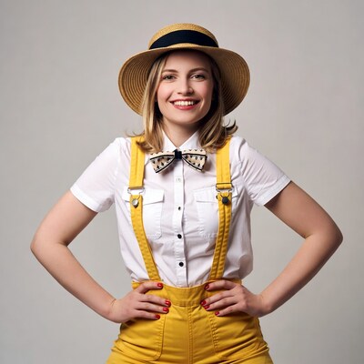 Woman in yellow overalls and straw hat