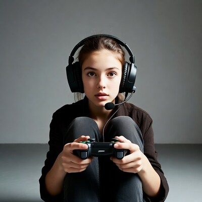 Girl gaming with headset and controller