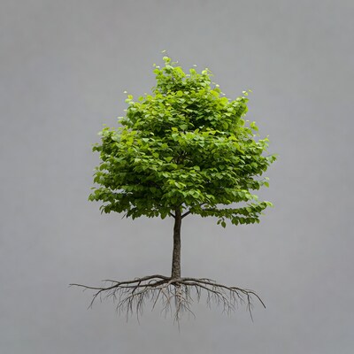 Tree with exposed roots on gray background