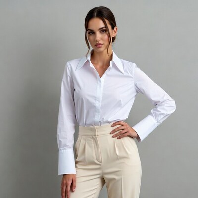Woman in white shirt beige pants