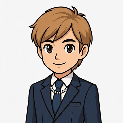 Cartoon boy in suit with pearl necklace