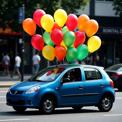 Blue car covered in colorful balloons