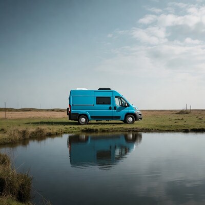 Blue Camper Van by Pond Reflection