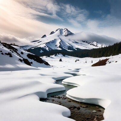 Snowy Mountain with Winding Stream