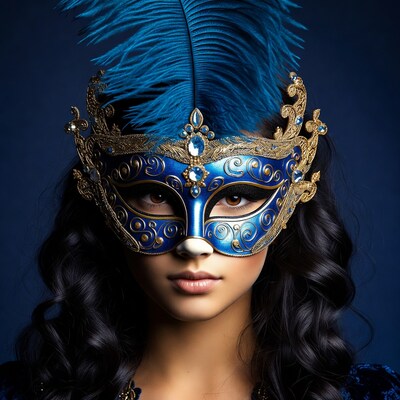 Woman wearing blue feathered masquerade mask
