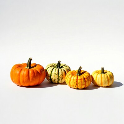 Assorted pumpkins on white background