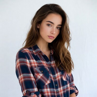 Woman in plaid shirt on white background