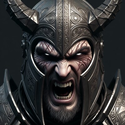 Roaring Viking Warrior in Horned Helmet
