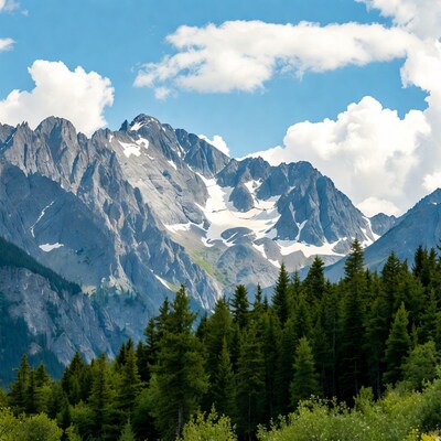 Snowy Peaks and Pine Forest