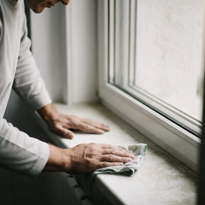 Man cleaning window sill with cloth