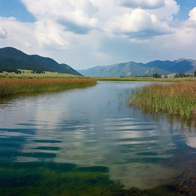 Mountain River with Reeds and Clouds