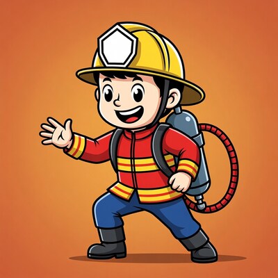Cartoon boy firefighter waving