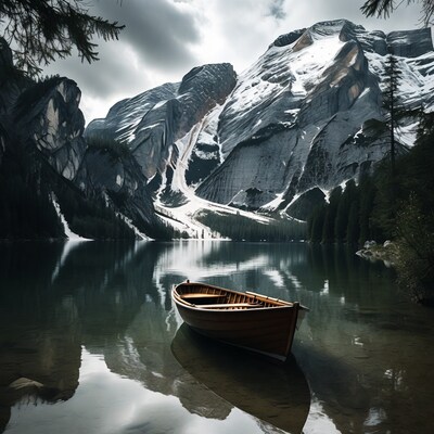 Wooden boat on mountain lake