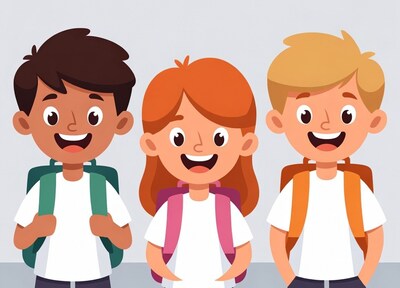 Three happy kids with backpacks