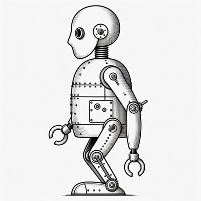 Line art robot walking side view