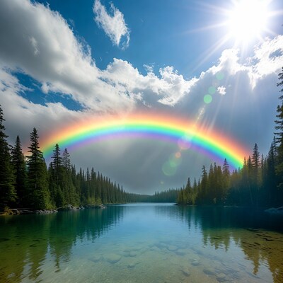 Rainbow over lake and pine forest