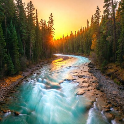 River flowing through pine forest at sunset
