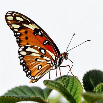 Orange butterfly on green leaf