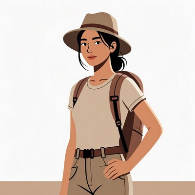 Asian woman in hat with backpack