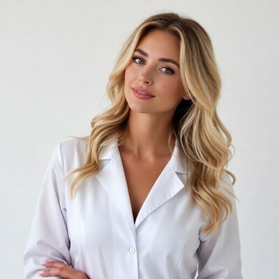 Blonde woman in white lab coat