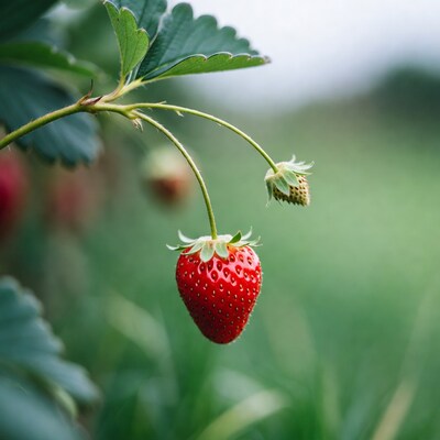 Ripe strawberry on green plant