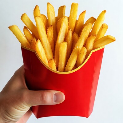 Hand holding french fries in red carton