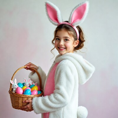 Girl in bunny costume holding Easter basket