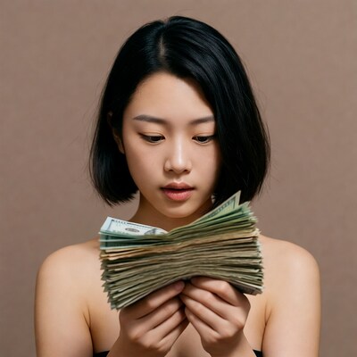 Asian woman holding cash stack