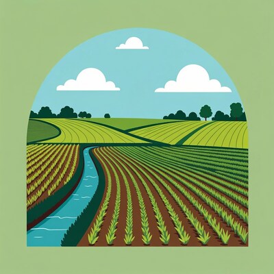 Farmland with river and fields illustration