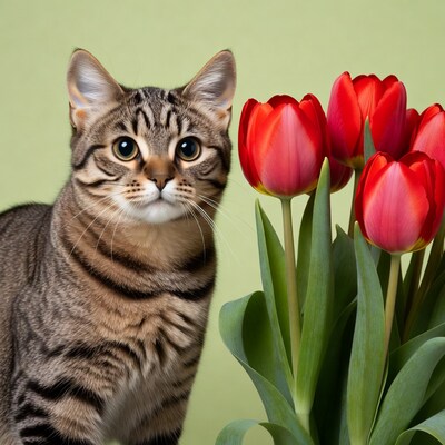 Tabby cat with red tulips