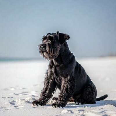 Black Schnauzer sitting on beach