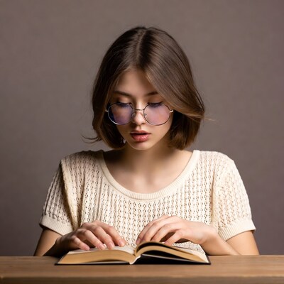 Girl reading book in glasses