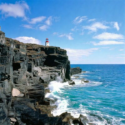 Red lighthouse on rocky cliffs by ocean