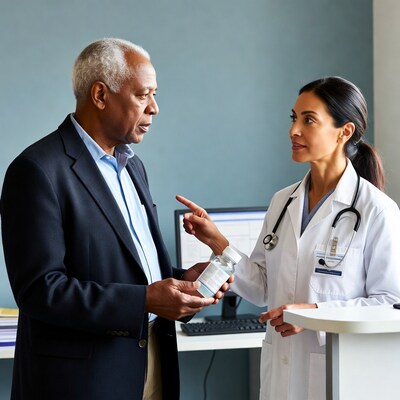 Elderly man showing pill bottle to doctor