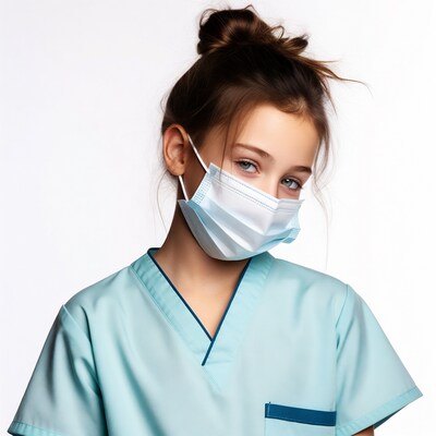 Girl in scrubs wearing face mask