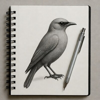 Pencil drawing of gray bird on sketchbook