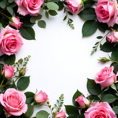 Pink Roses Border on White Background