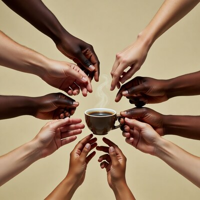 Diverse hands holding steaming coffee mug