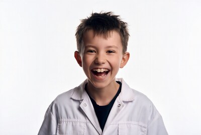 Boy smiling in lab coat